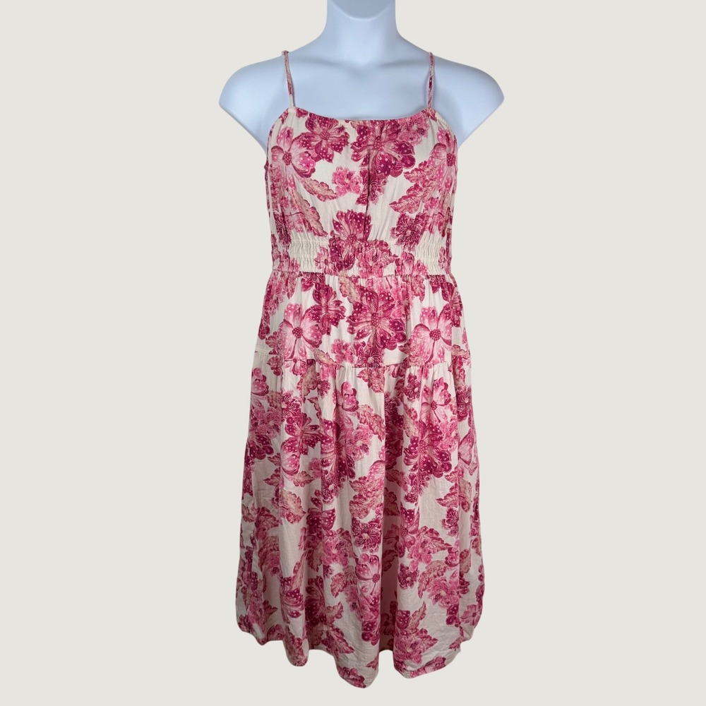 Old Navy Large Pink Floral Linen Blend Cami Smocked Waist-defined Midi Dress
